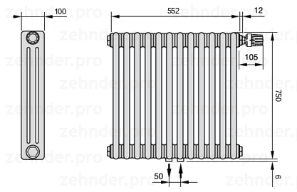 Схема (чертеж) Радиатор Zehnder Charleston 3075/12 №V008 Белый глянцевый RAL 9016